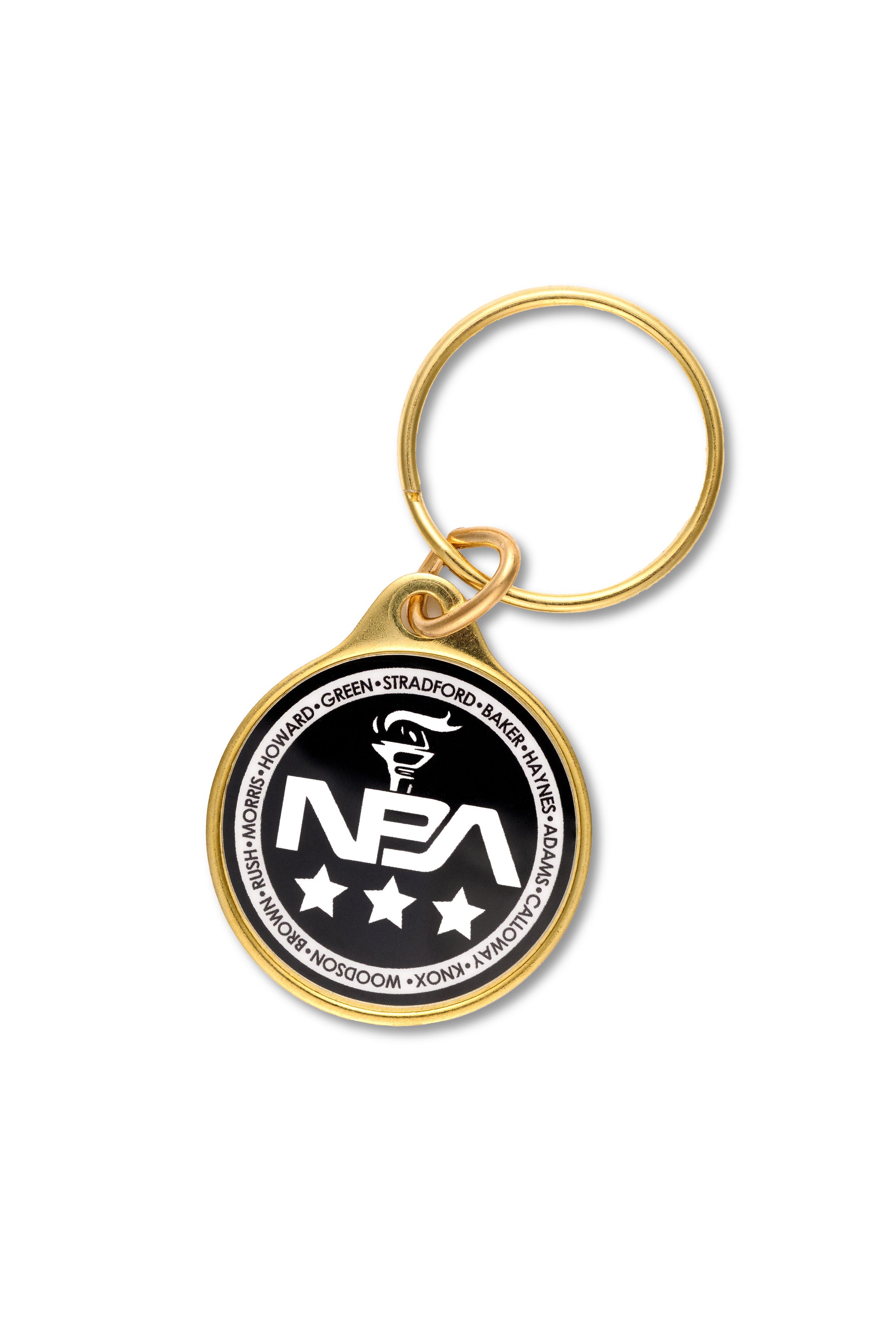 Golden keychain with a black and white 'NBA' logo on a white background