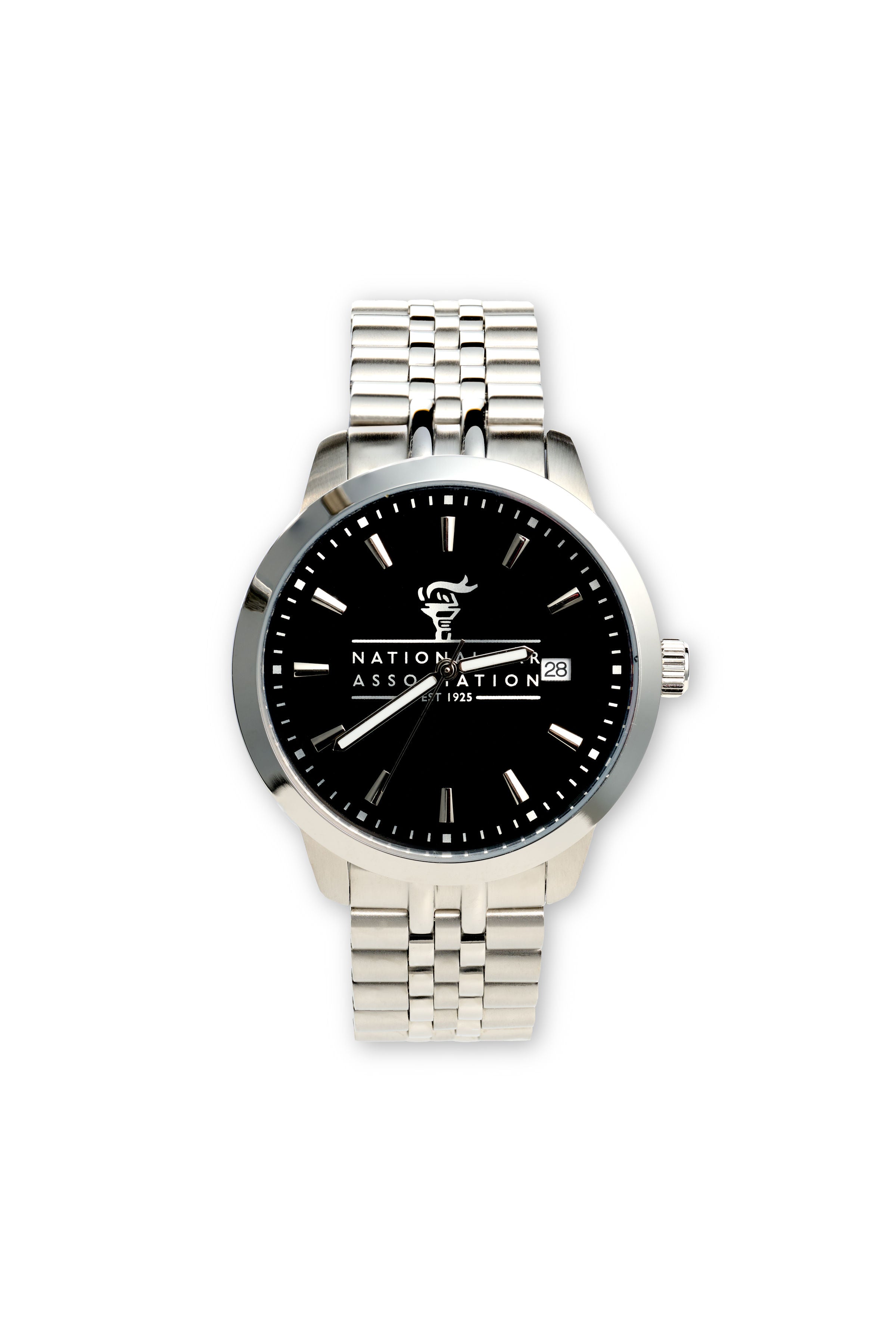 Silver watch with black dial with a logo and text 'NATIONAL BAR ASSOCIATION' on a white background