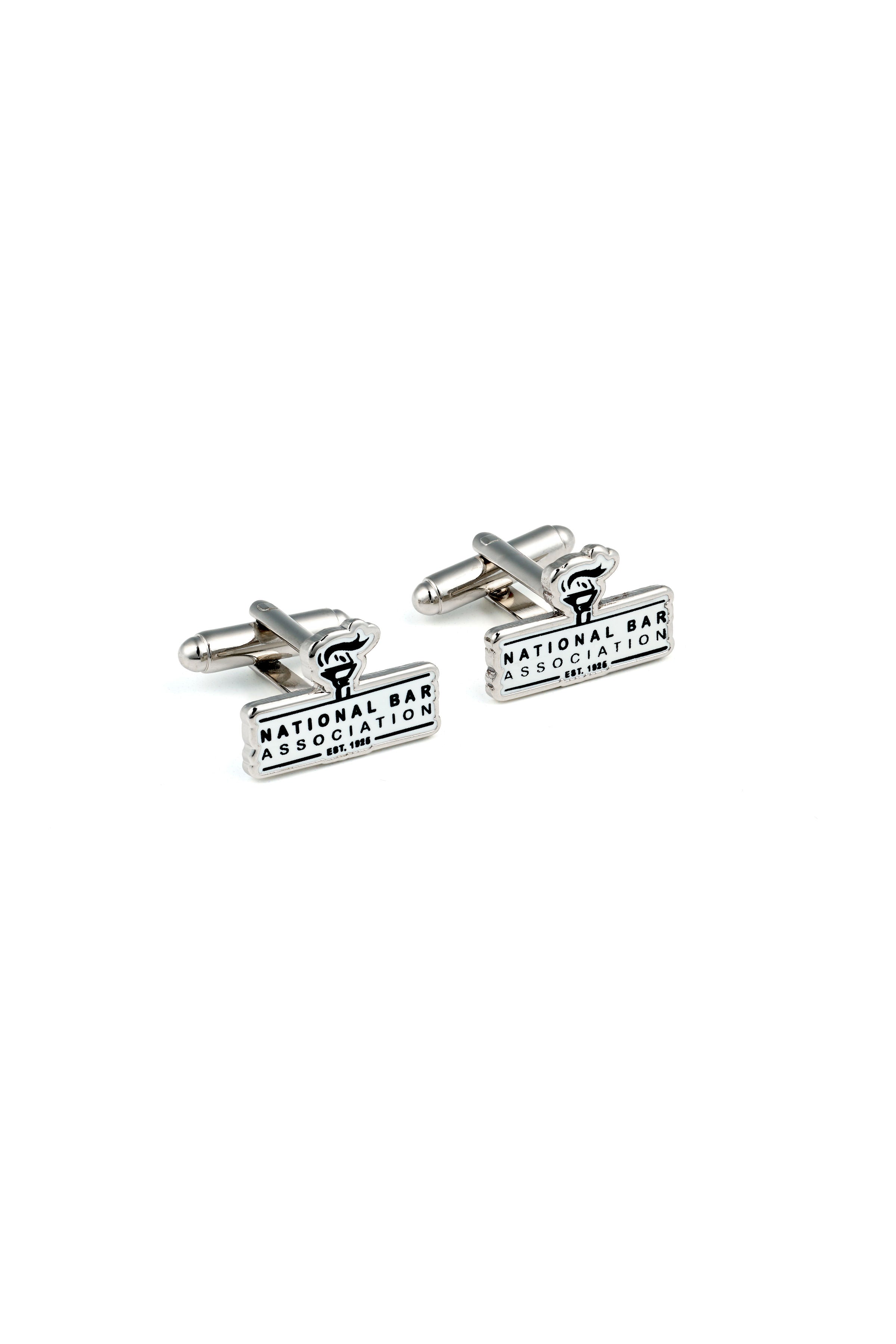 Silver cufflinks with 'National Bar Association' text on a white background