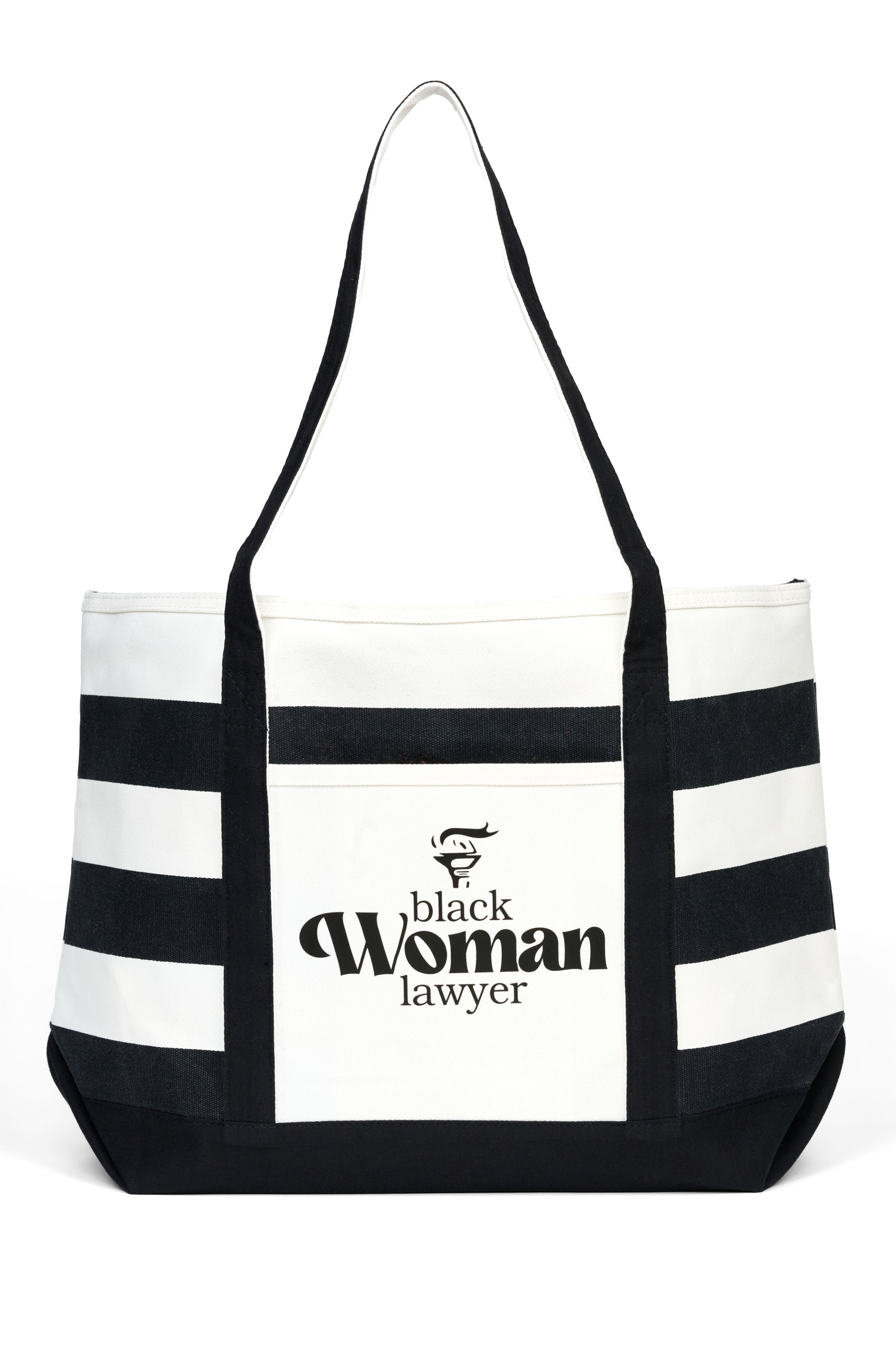 Black and white striped tote bag with 'black woman lawyer' text on a white background
