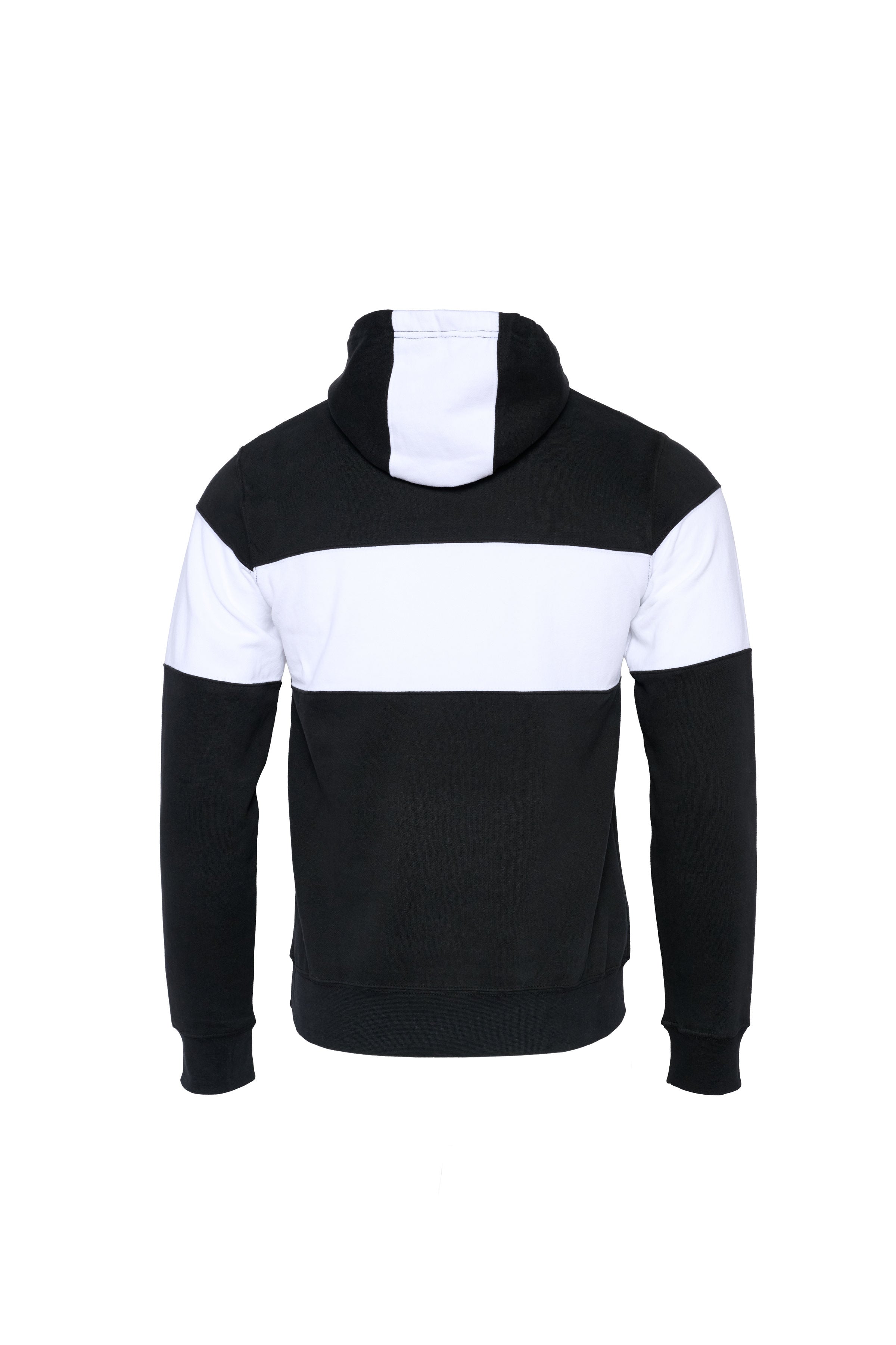 Back view of a black and white hoodie on a white background