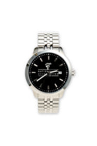 Silver watch with black dial with a logo and text 'NATIONAL BAR ASSOCIATION' on a white background