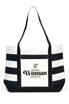 Black and white striped tote bag with 'black woman lawyer' text on a white background