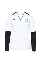 White long-sleeve sports shirt with black sleeves and Nike logo on a white background