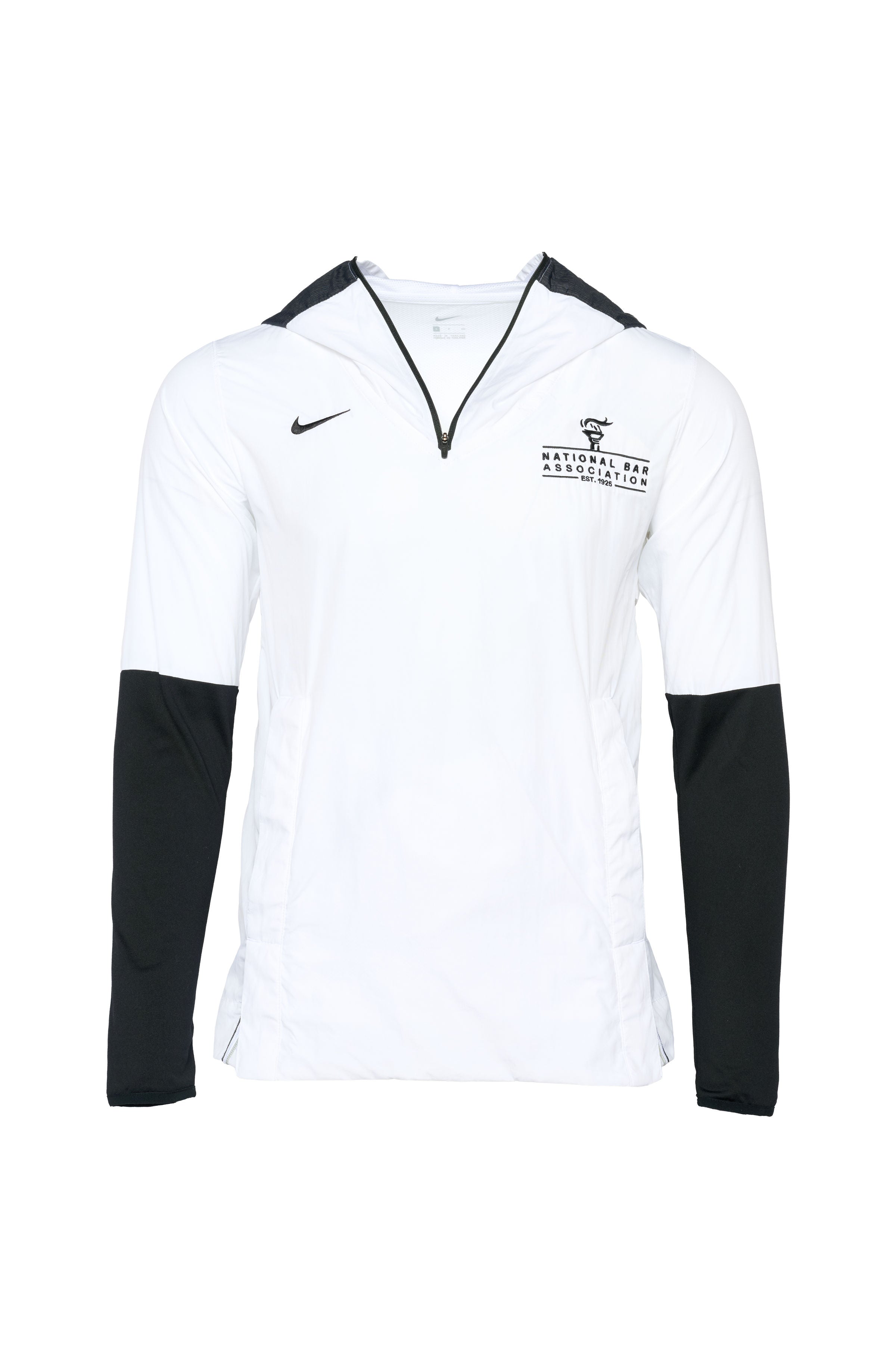 White long-sleeve sports shirt with black sleeves and Nike logo on a white background